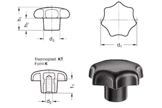 Sterngriffe, DIN 6336-KT-40-M6-K, M6 Innenmaß, Thermoplast, schwarz, Innengewinde Stahl verzinkt d1=40mm, d2=M6, d3=18mm, h1=25mm, h2=13mm, t1=12/14mm,